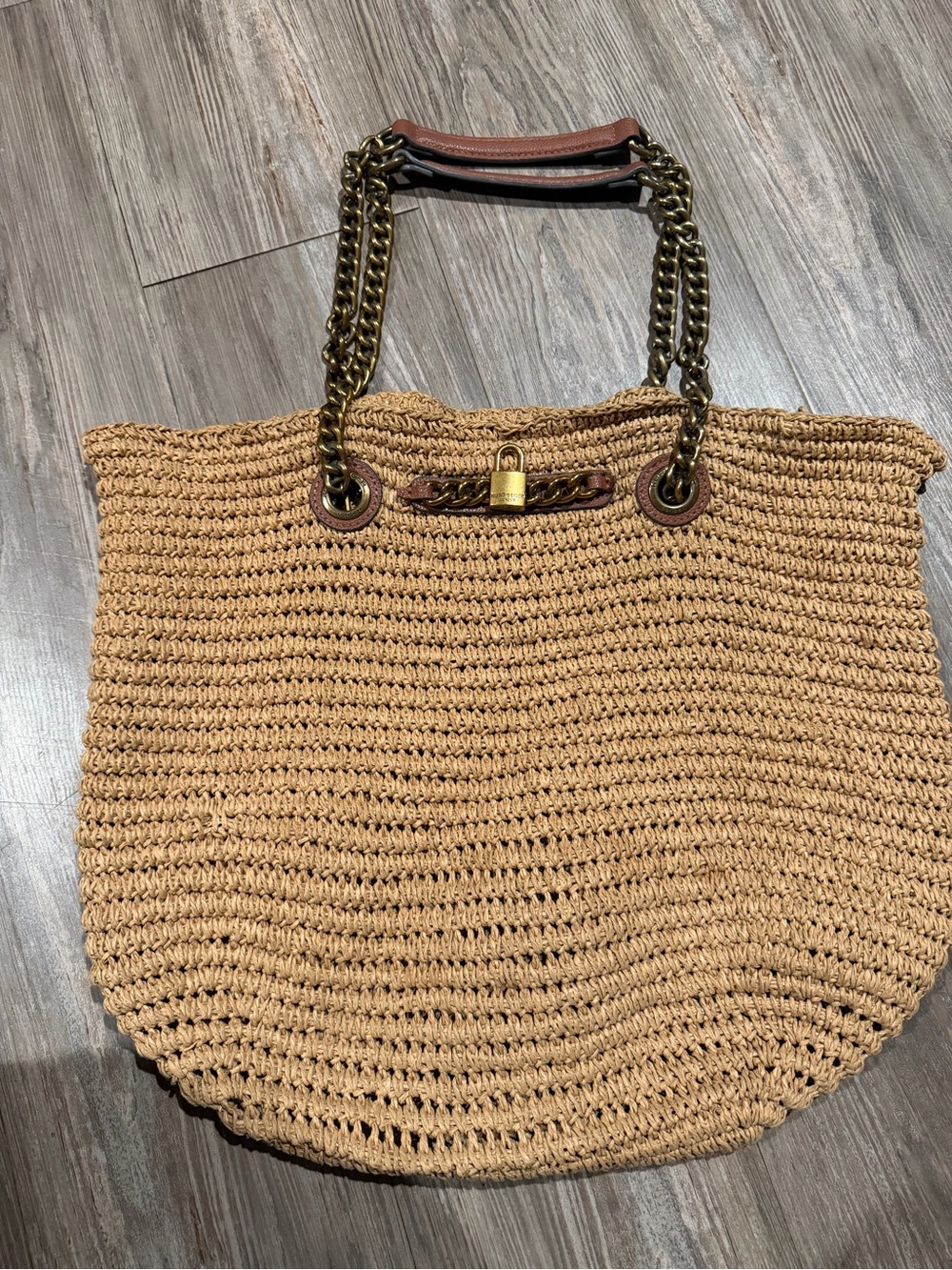 Kurt Geiger Tan Woven Tote with Gold Chain Handles